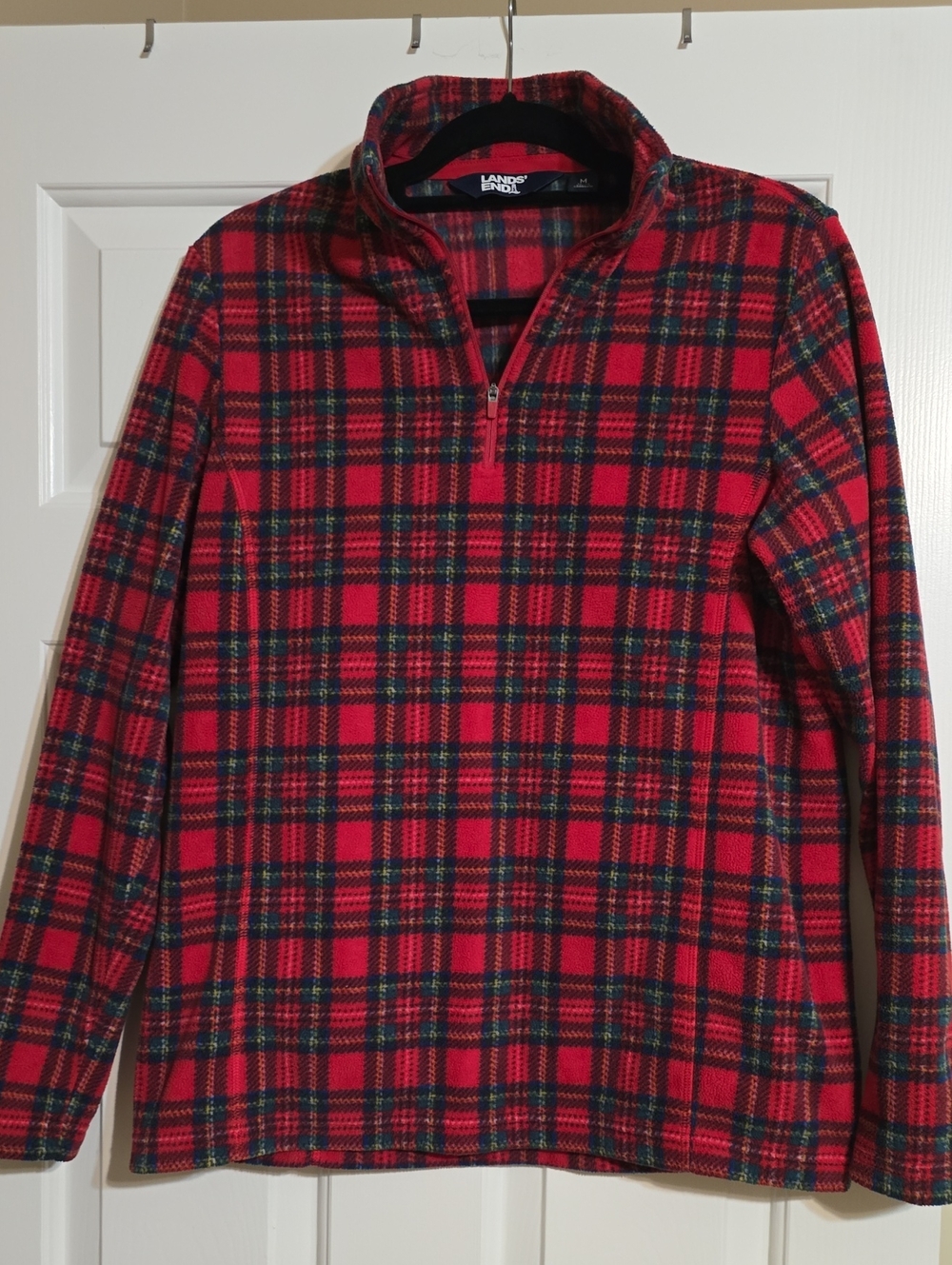 Lands' End Red Plaid Quarter-Zip Fleece Pullover